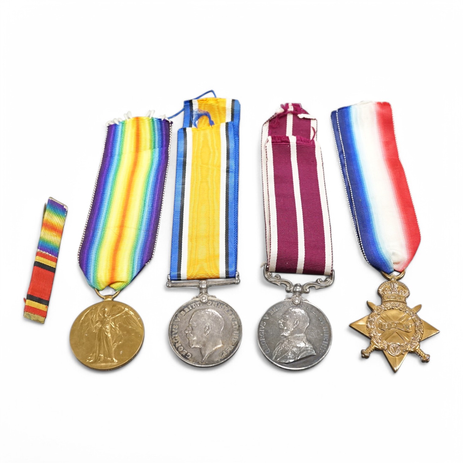 A First World War medal group to M2-048051 Pte. R.J. Million. R.A.S.C., comprising a medal trio with the Meritorious Service medal, together with a together with an unrelated medal ribbon bar. Condition - fair to good.
